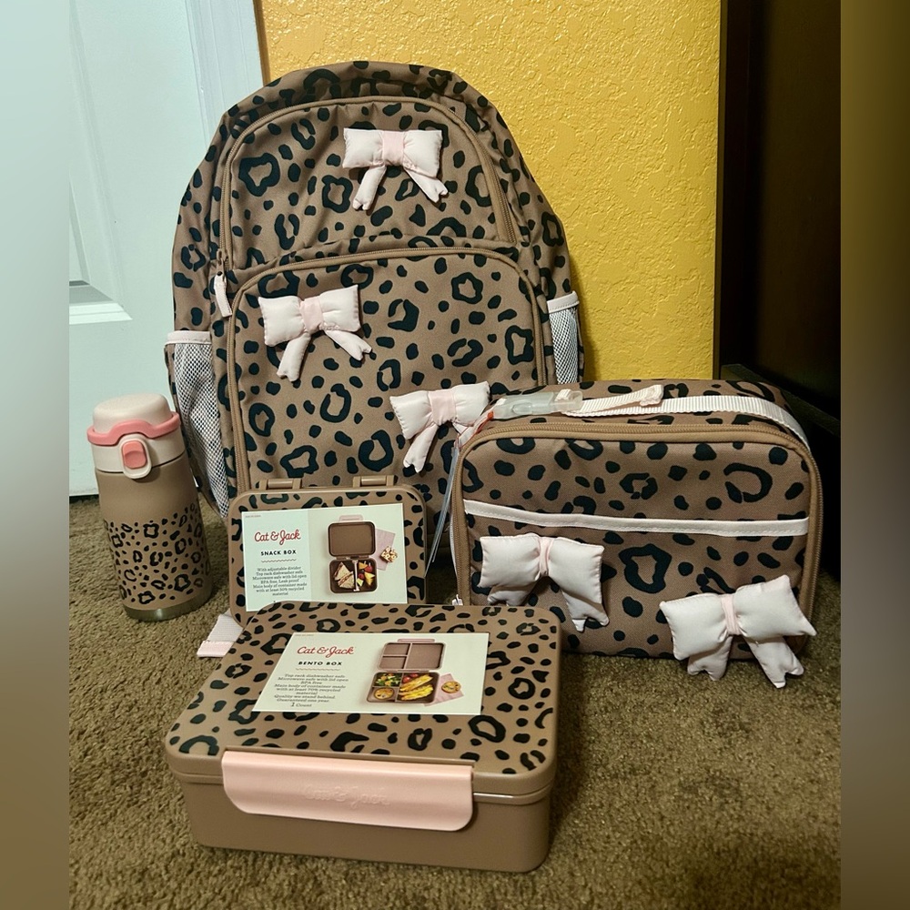 Cat & Jack Tan& Black Leopard Print&bow Backpack, lunchbox,cup snack & bento nwt